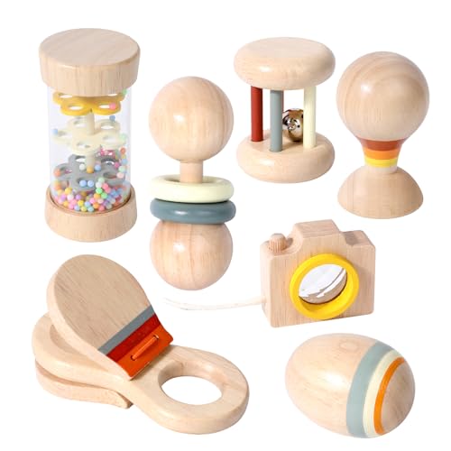 WODI Wooden Baby Toy 7pcs, Montessori Toys for Babies 0-3-6-12 Months, Toddler Hand Wooden Rattles Toy Set for Infant Grasping with Storage Bag, Sensory Development, Gift for Baby Boys Girls