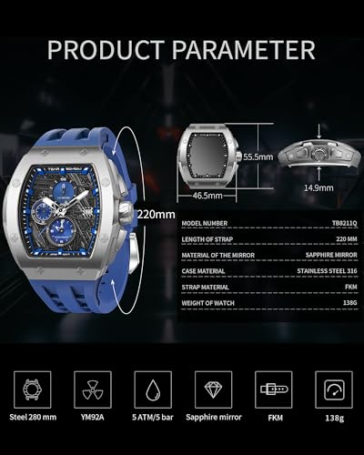 Image of TSAR BOMBA Men's Luxury Quartz Watch, Luminous Dial 5ATM Water Resistance Silicone Strap Men's Wristwatch Ideal Gift for Men