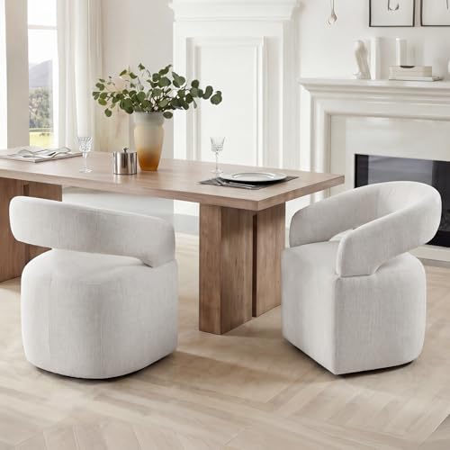 Image of KISLOT Upholstered Dining Chairs Set of 2, Modern Arm Kitchen & Dining Room Chairs with Hidden Casters, Linen Fabric Padded Rolling Chairs, Sturdy Wood Frame, 300 lbs Capacity, Light Linen