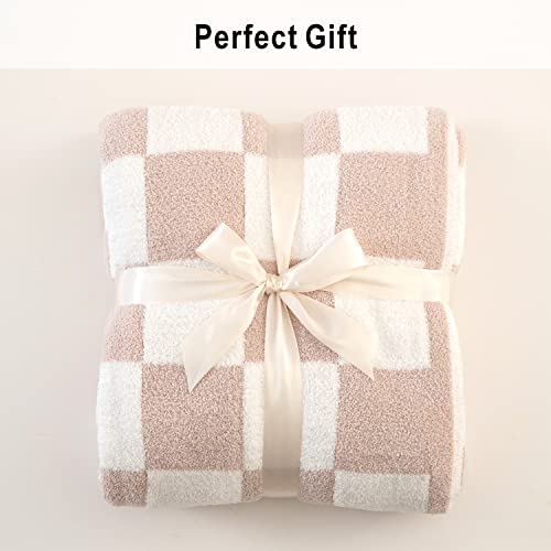 Chic Throw Blankets With Checkerboard Plaid- Stretchy Fluffy Cozy Blanket Trendy Checkered Gingham Decor For Couch, Bed, Sofa(Throw Size 51"X 63", Light Khaki) #TOP4