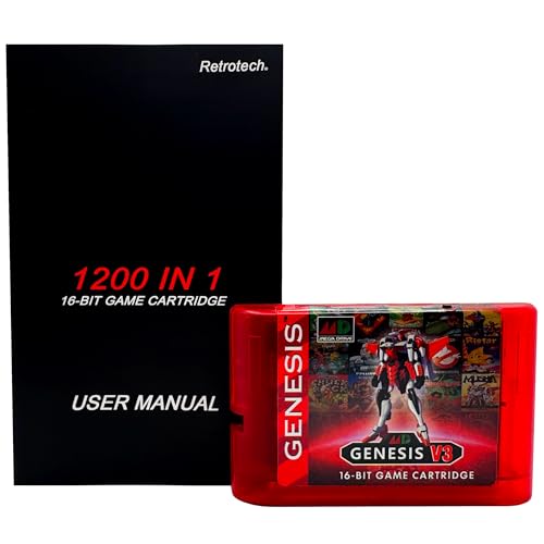 Retrotech 1200 In 1 V3 Pro Game Cartridge For Sega Genesis Console - Clear Red, Includes Printed Instructions