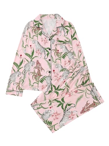 WDIRARA Women's Floral Tiger Print Pajama Set Long Sleeve Button Down Lounge Pants Sets