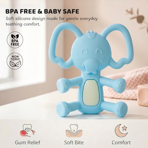 Image of Baybee Silicone Baby Teether for Teething Gums, Manhattan Teething Rattle Toy with Loops Ring, 100% Food Grade Silicone & BPA Free Teethers Toy for Babies, Chew Teether for 6 to 12 Months (Blue)