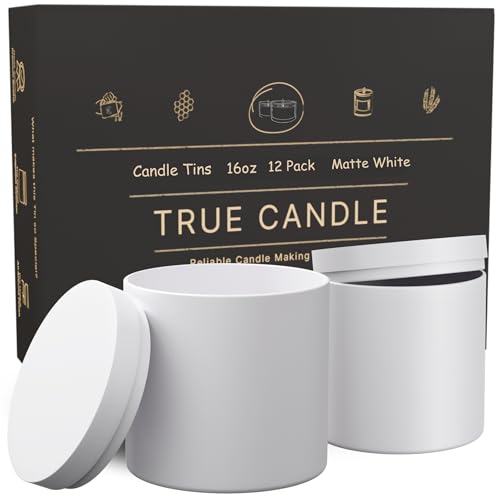 True Candle Tins for Making Candles - 12 Pack of 16 oz Black Candle Containers Bulk - Empty tins with lids for Candles - Premium Glass Jars, Vessels | Painted Outside Inside | Matte White (Tall)