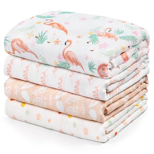 Image of GLLQUEN BABY Muslin Swaddle Blankets 4-Pack Breathable Receiving Blankets (35 inch x 40 inch) Soft Baby Blankets for Girls and Boys Newborn Essentials Muslin Burp Cloths Swaddle Wrap Baby Gift(Flamingo)