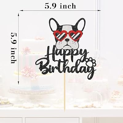Happy Birthday French Bulldog Cake Topper, Puppy Happy Birthday Party Cake Supplies, Animal/Pet Puppy dog Theme Birthday Party Supplies, Black&Red Glitter