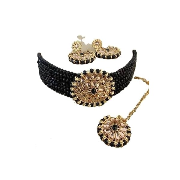 Womens And Girls Gold Plated Pearl Beaded Adjustable Choker Necklace with Earring Maang Tikka Jewellery Set