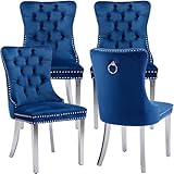 ODUSE-DAILY Blue Velvet Dining Chairs Set of 4, Kitchen & Dining Room Chairs Set of 4, Tufted Dining Chairs, Velvet Upholstered, Chrome Metal Legs (Blue, 4Pcs)
