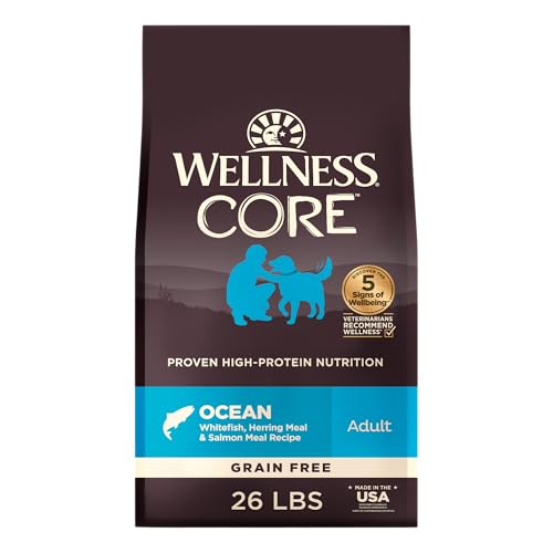 Wellness CORE Grain-Free High-Protein Dry Dog Food, Natural Ingredients, Made in USA with Real Meat, All Breeds, For Adult Dogs (Ocean Whitefish, Herring & Salmon, 26-Pound Bag)