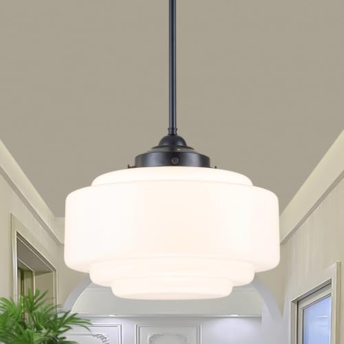 Schoolhouse Pendant Light White Chandelier 14" Milk Glass Light Fixture E26