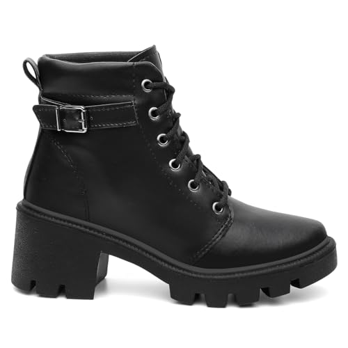 Bota Coturno Feminino Salto Médio Ankle Boot Fivela Lareral Numerações Especiais 34 Ao 42 (Preto, BR