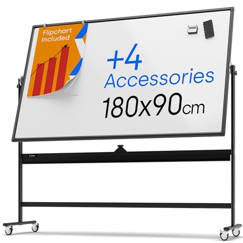 Rolling Magnetic Whiteboard 180 x 90 cm - Large Portable Dry Erase Board with Stand - Double Sided Easel Style Whiteboard with Wheels - Mobile Standing Whiteboard for Office, Classroom & Home