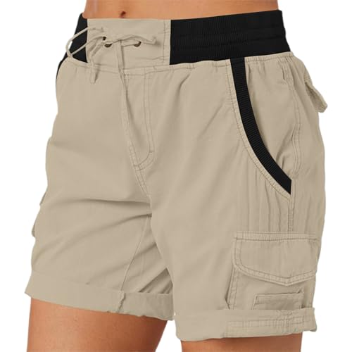 Womens Cargo Shorts Baggy Knee Length Elastic Waist Hiking Shorts Lightweight Breathable Drawstring Hot Short with Pockets Summer Casual Boyfriend Cargo Pants for Women Bermudas para Mujer Khaki