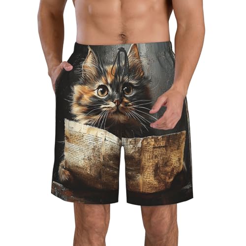 Men's Swim Trunks Beach Board Shorts Swimwear Bathing Suits - Cat Old Newspaper Vintage