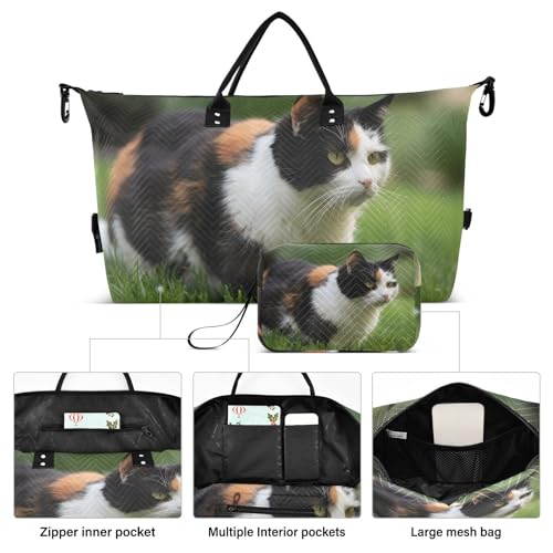 Large Travel Duffel Bag, Cat and Grass Sports Tote Gym Bag, Shoulder Weekender Overnight Bag for Women Men, Carry On Luggage with Toiletry Bags2
