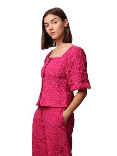 Image of ONLY Women Polyester Regular Fit Jacquard Weave Square Neckline Puff Sleeves Top