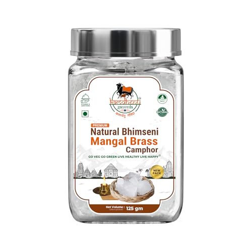 Image of KG Natural Bhimseni Mangal Brass Camphor | 100% Pure Organic Solid Kapoor | First Lab Tested | for Electric Diffuser, Havan, Aarti & Aromatherapy | Premium Glass Jar with Steel Cap (125g, Pack of 1