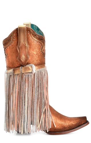 CORRAL LADIE'S BRONZE METALLIZED LEATHER & HARNESS & STUDS & FRINGES & OVERLAY & CRYSTALS, LEATHER SOLE, COWHIDE LEATHER, WESTERN BOOTS, A45372
