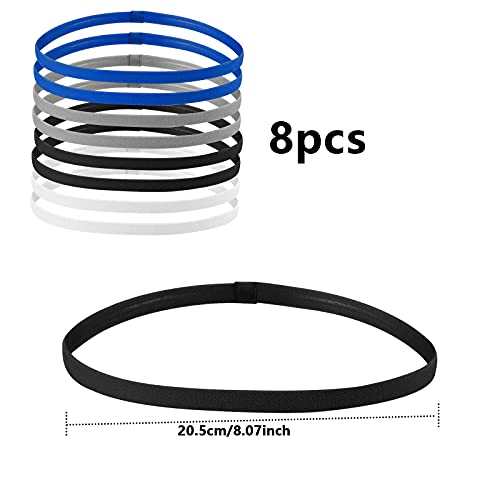 AvoDovA Sport-Stirnband für Kinder, 8 Stück, Fitness-Stirnbänder, schmal, elastisch, rutschfest, elastisches Haarband, Sport, für Jungen, Mädchen, Schwarz, Weiß, Blau, Grau