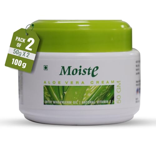 Image of Moiste Aloe Vera Moisturizer Cream For Face Women | Oily Skin, Dry Skin Moisturiser with Vitamin E, Tea Tree OIl & Wheat Germ Oil - 100g (Pack of 2)
