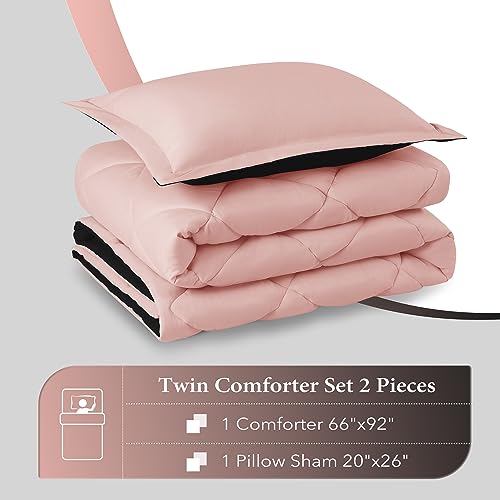 Image of downluxe Twin Comforter Set - Pink and Black Twin Comforter, Soft Bedding Sets for All Seasons -2 Pieces - 1 Comforter (66 inchx92 inch) and 1 Pillow Sham(20 inchx26 inch)