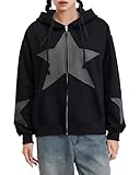 Felcia Women Y2K Star Print Zip Up Hoodies Long Sleeve Loose Fit Hooded Jacket Vintage Aesthetic Punk Harajuku Oversized Sweatshirt (Black A, M)