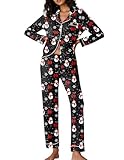 Ekouaer Pijama Largo Sexy para Mujer Conjunto de Pijama de Manga Larga para Mujer Conjunto de Dos Piezas para Estar por Casa PJs Motivo Navideño Negro M