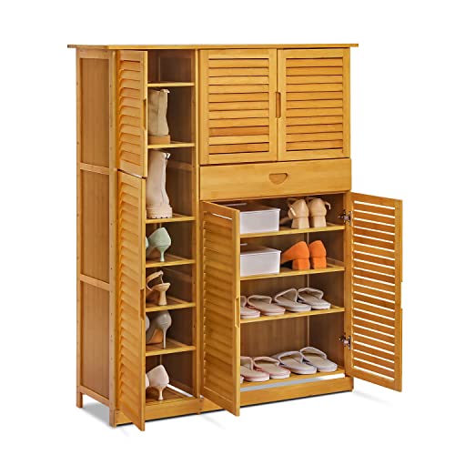 Monibloom Bamboo Large Shoe Storage Cabinet Shelf Stand With Shutter Doors & 1 Drawer For 31-35 Pairs Entryway Hallway Living Room Bedroom, Natural #TOP13