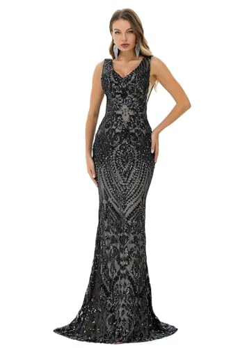 Image of Women's Wedding Bridesmaid Gown Sequined Mermaid V Neck Sleeveless Evening Dress