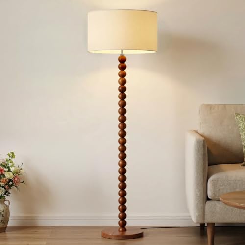 Buruis 60.6 Inch Beaded Walnut Wood Floor Lamp with Linen Shade, Beige
