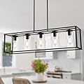 VINLUZ Farmhouse Chandeliers Rectangle Black 5 Light Dining Room Lighting Fixtures Hanging, Kitchen Island Cage Pendant Lights Contemporary Modern Ceiling Light with Glass Shade Adjustable Rods