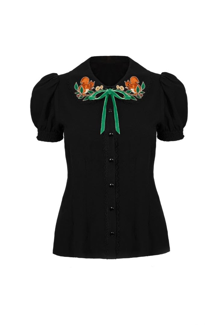 Hell Bunny Women's Black Chester Fitted Style Cropped Blouse | Size: Large
