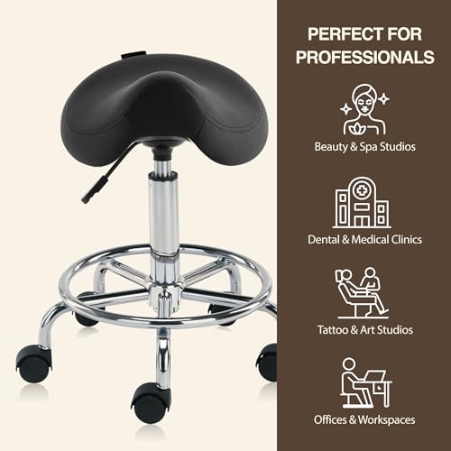 Image of Haku 506 Series Ergonomic Saddle Stool, Adjustable Pneumatic Swivel Rolling Stool with Wheels for Salon, Medical, Spa, Tattoo, Home and Office, with Footrest, Black