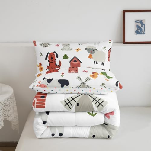 Image of Feelyou Cute Farm Animals Bedding Set Full Size, Kids Cartoon Sheeps Comforter Set Kawaii Dog Comforter Rabbit Cow Duvet Insert Bed Set 3Pcs
