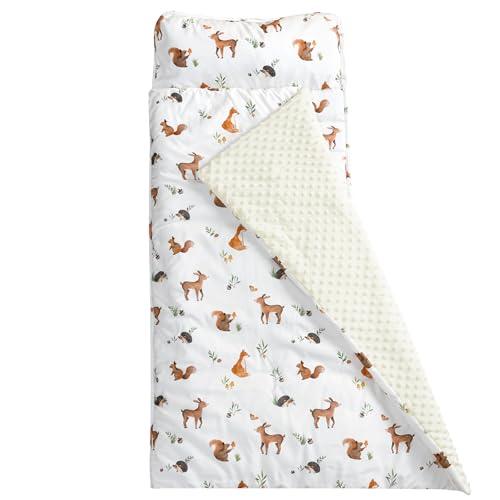 david’s kids Toddler Nap Mat with Warm Minky Dots Lining, Ultra Soft Slumber Bags for Boys Girls, Perfect for Preschool, Daycare, Kids Sleeping Bags with Rollup Design, 50″x20″, Woodland Animals
