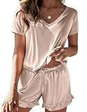 Ekouaer Satin Pajamas for Women Short Sleeve Silk Sleepwear 2 Piece Pjs Set with Ruffled Shorts Casual Loungewear Champagne Medium