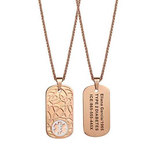 MunsteryAid Customize Medical Alert Celtic knot Dog Tag Necklace with Free Engraving for Men Women, Personalized Emergency Identification ID Necklace,Rose Golden Color,4 Color Option (White)