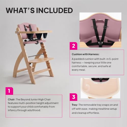 Image of Abiie Beyond Junior Wooden High Chair for Babies and Toddlers - Convertible 3-in-1 Baby Highchair with Removable Tray - 6 Months to 250 Lb - Water Resistant - Natural Wood with Dusty Pink Cushion