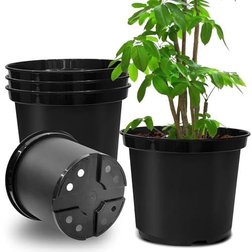 RooTrimmer 5 Gallon 12 Inch Plastic Nursery Pots Plant Containers with Drainage Holes Round Sturdy Garden Planters for Indoor/Outdoor Greenery Gardening Gifts for Women (5-Pack Black)