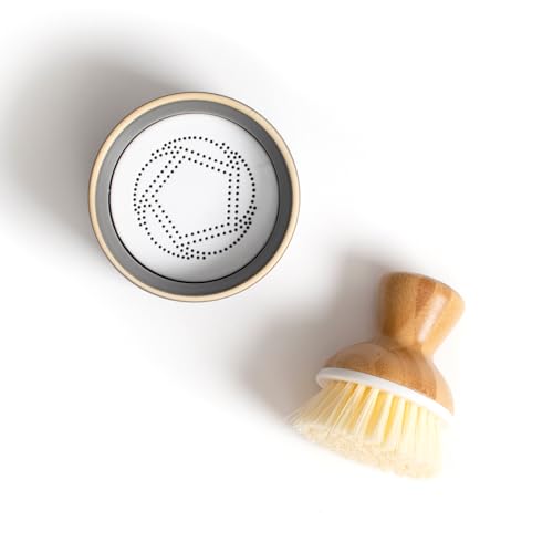 Image of Full Circle Bubbly Palm Brush - Family Safe, Formaldehyde-Free - Ergonomic Palm Scrubber with Handle for Kitchen Cleaning, Dish Scrub Brush for Nonstick, Cast Iron & Sink, White