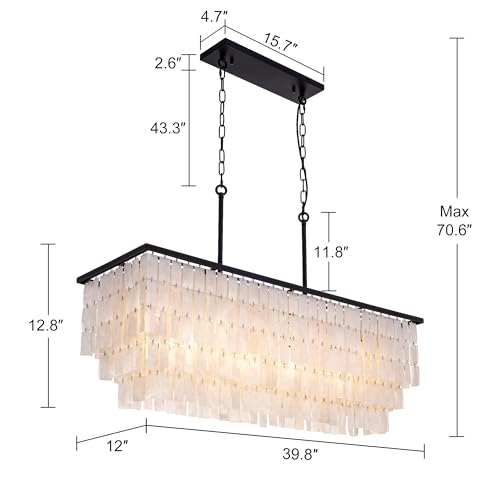 TOCHIC Capiz Shell Chandelier, 9 Lights Coastal Chandelier Light Fixture, Modern Black Boho Chandeliers for Dining Room, Rectangular Shell Pendant Light for Living Room, Kitchen Island, 3 Tiers, 40" L - Image 3