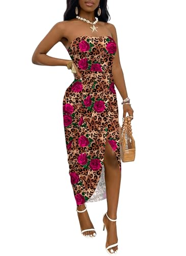 Image of Umenlele Women's Strapless Ruched High Waist Wrap Split Asymmetrical Beach Maxi Long Dress