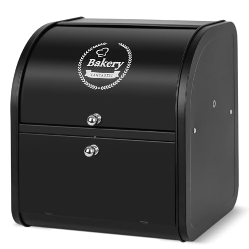 Nymblis Bread Bin – Stylish Double Bread Box with Roll Top Lid, Large Metal Storage Container in Black, 30 x 25 x 33 cm