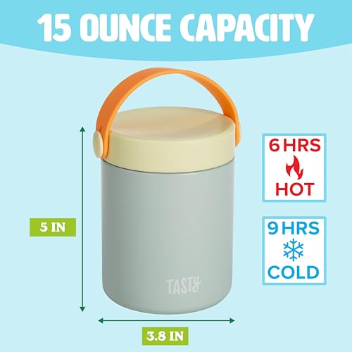 Image of Tasty Food Jar with Folding Handle, Portable Snack Travel or Lunch Container, Stainless Steel Insulated Vacuum with Leak-Proof Lid, Keeps Food Hot or Cold for Hours, 15-Ounce, Aqua