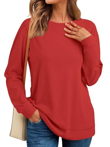 RUMIA Crewneck Fall Sweatshirts for Women Plain Long Sleeve Top with Pocket — view 3