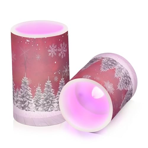 Image of Christmas Lights Flameless Candles Christmas Trees Snowflakes Print Pillar Candles Set of 2 Battery Operated Remote Control Warm Lights Home Decor