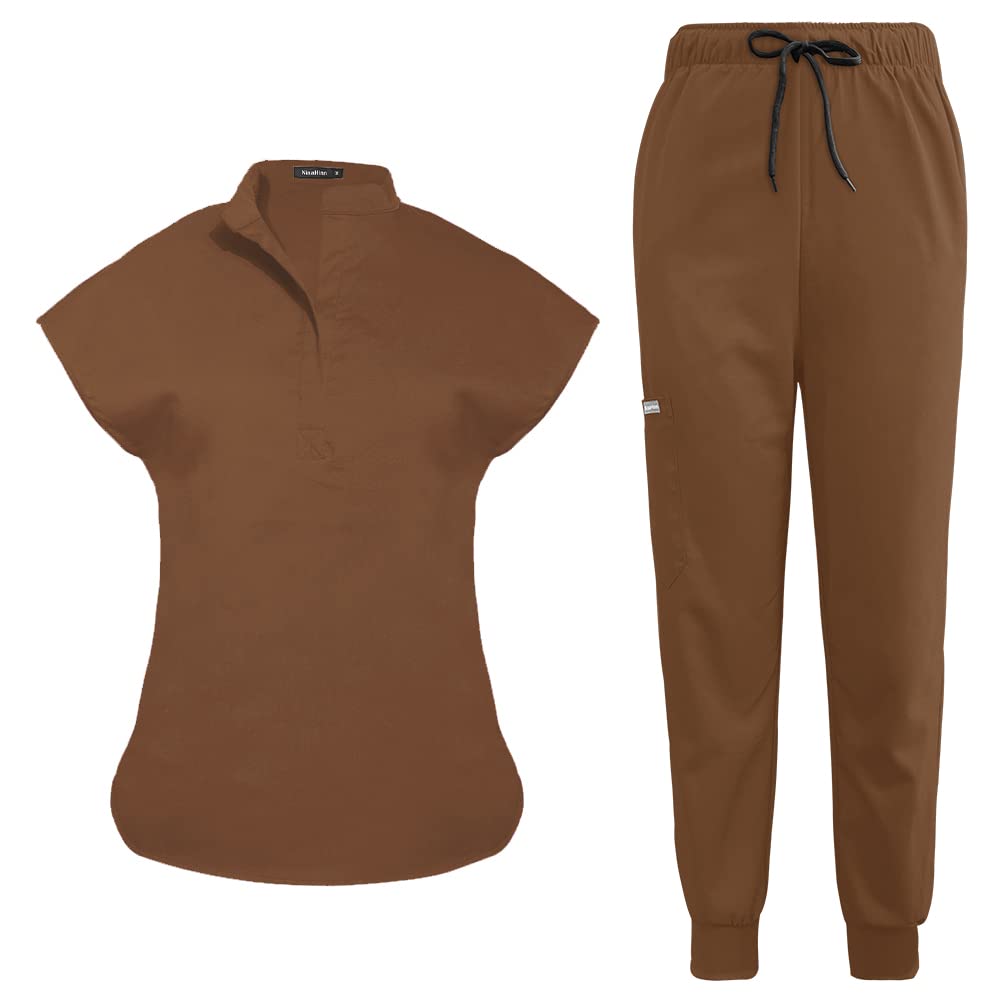 niaahinn scrubs set for women nurse uniform jogger suit stretch top & pants with multi pocket for nurse esthetician workwear (brown, large)