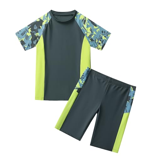 Image of Boys Swimsuits UPF50+UV Swimwear Set Two Piece Rash Guard with Hat for Kids 4-14 Years