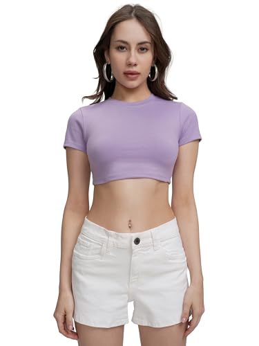 Image of Tokyo Talkies Women's Round Neck Fitted Crop Top | Short Sleeves | Chic & Versatile | Perfect for Casual & Layered Looks | Tops for Woman | Women Tops | Women Crop Top