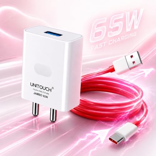Image of 65W Super Fast Charger with USB-A to USB-C Cable | Fast Charging Adapter Compatible with OnePlus, Oppo, Realme, Vivo, Xiaomi, Samsung, Motorola & Android Smartphones | White